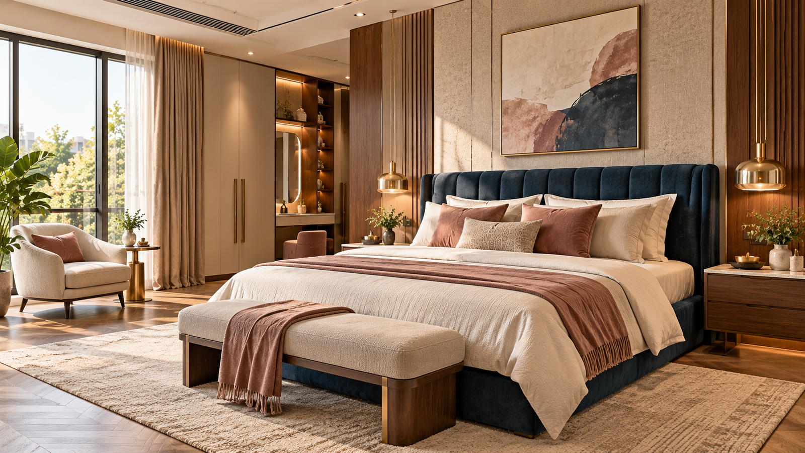 Elegant navy and rose bedroom interior design