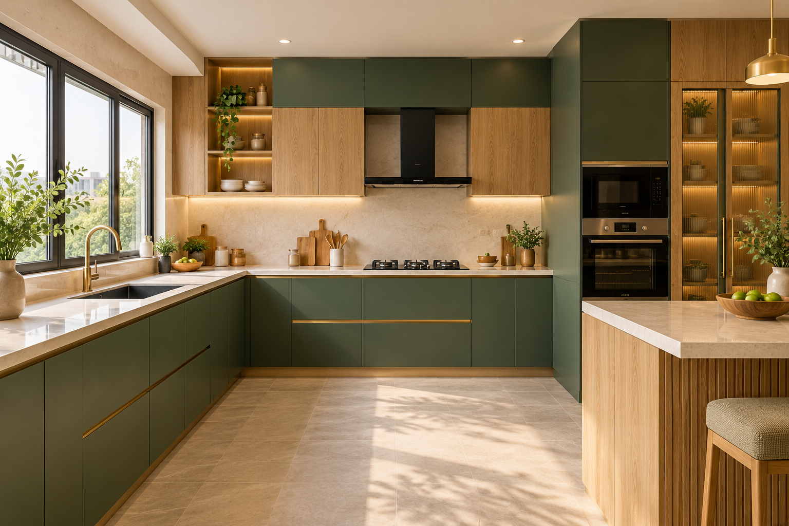 Modern green and brass modular kitchen