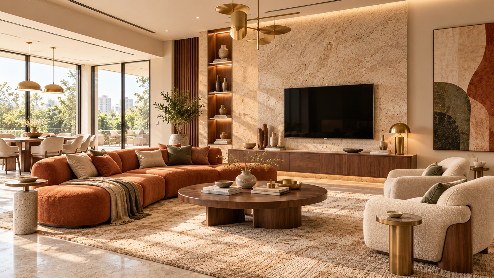 Warm terracotta luxury living room interior