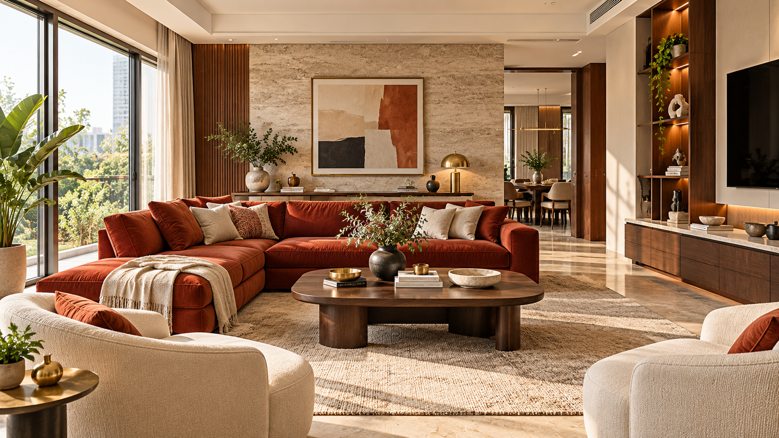 Warm terracotta luxury living room interior
