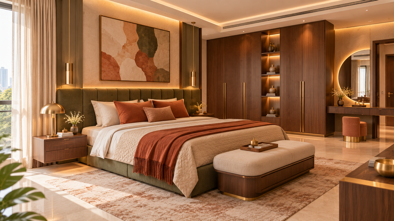 Warm master bedroom interior
